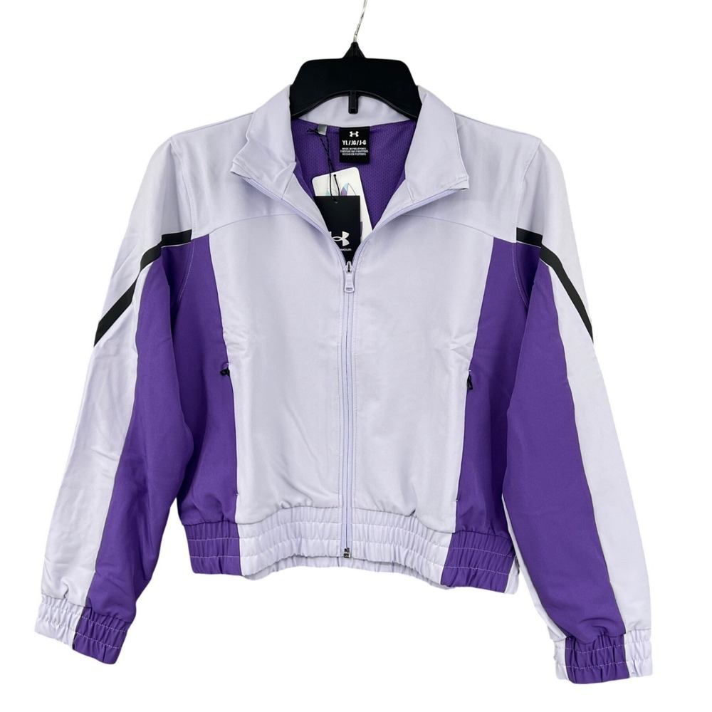 Under Armour Track Jacket Kids Youth L Purple White Cropped Zip‎ Up NWT $65